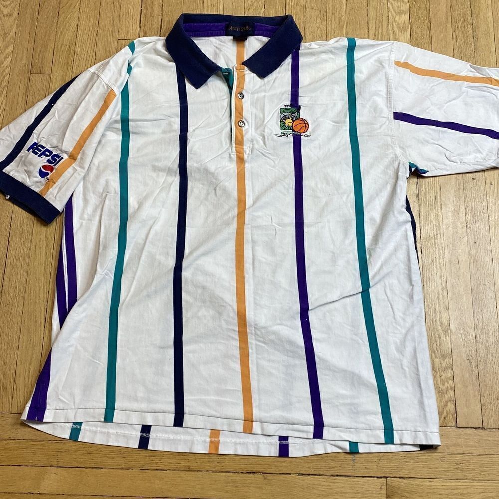 Vintage Men’s Antigua Golf shirt 1990s Striped Celebrity Classic Pepsi Airtouch